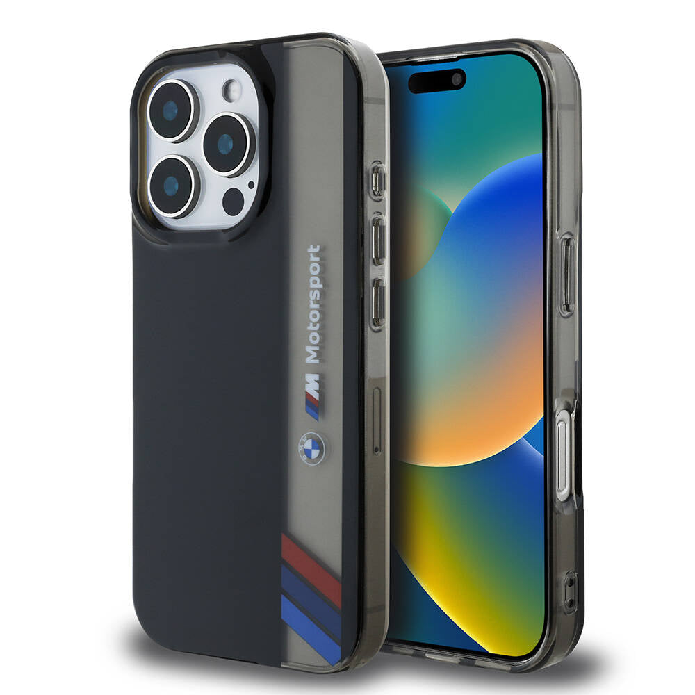 iPhone 16 Pro Uyumlu Kılıf Bmw Lisanslı M Logolu Üç Renk Çizgili Motorsport Vertical Stripe