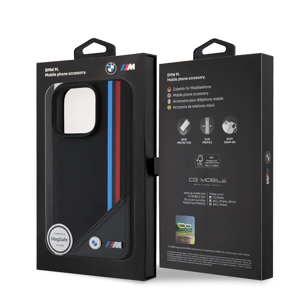 iPhone 16 Pro Uyumlu Kılıf Bmw Lisanslı Magsafe Kablosuz Şarj Özellikli M Logolu Üç Çizgili Meshed Tricolor Stripes