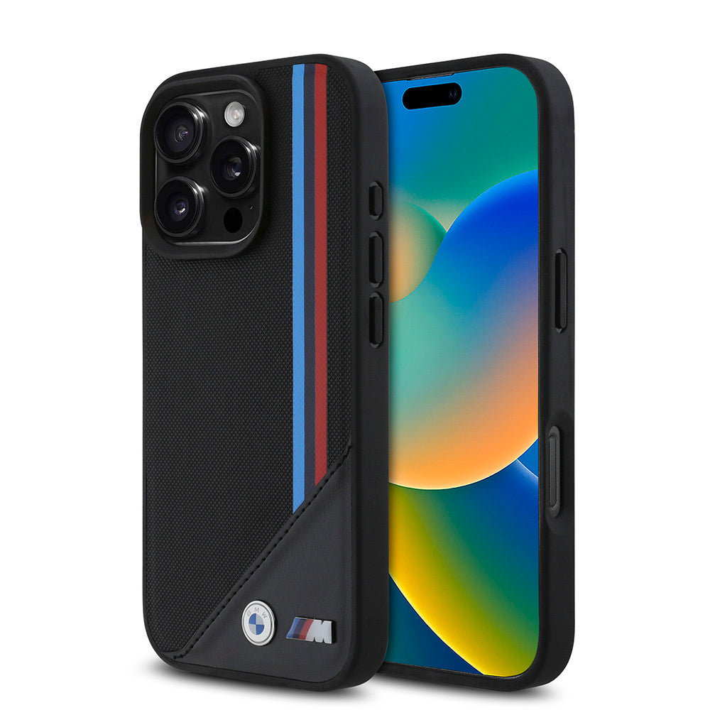 iPhone 16 Pro Uyumlu Kılıf Bmw Lisanslı Magsafe Kablosuz Şarj Özellikli M Logolu Üç Çizgili Meshed Tricolor Stripes