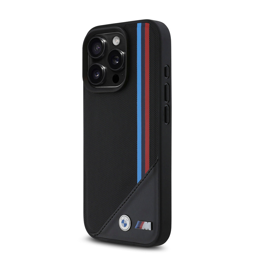 iPhone 16 Pro Uyumlu Kılıf Bmw Lisanslı Magsafe Kablosuz Şarj Özellikli M Logolu Üç Çizgili Meshed Tricolor Stripes