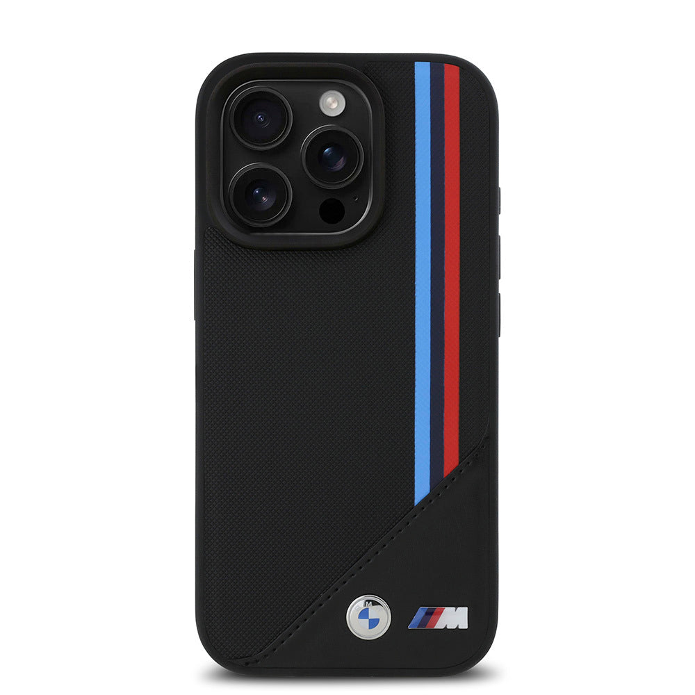 iPhone 16 Pro Uyumlu Kılıf Bmw Lisanslı Magsafe Kablosuz Şarj Özellikli M Logolu Üç Çizgili Meshed Tricolor Stripes