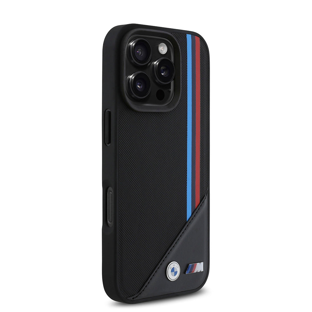iPhone 16 Pro Uyumlu Kılıf Bmw Lisanslı Magsafe Kablosuz Şarj Özellikli M Logolu Üç Çizgili Meshed Tricolor Stripes