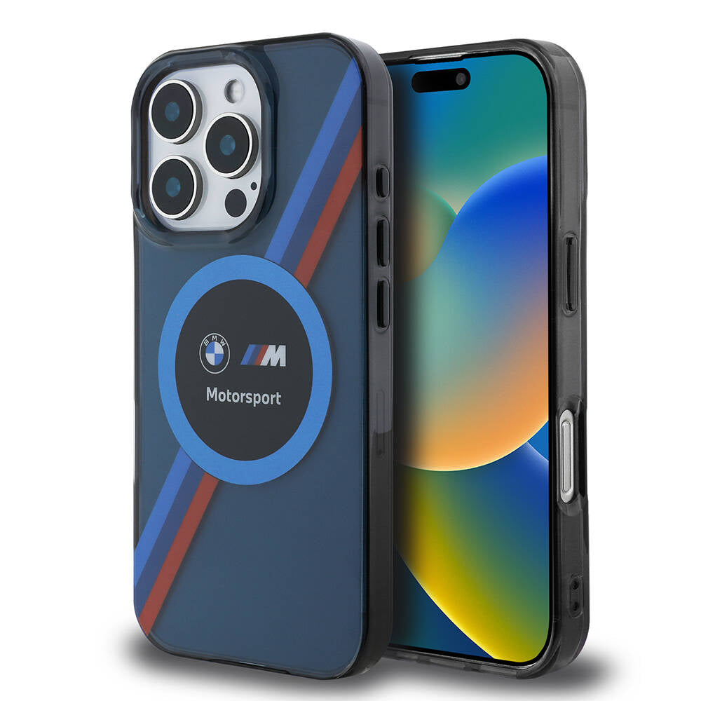 iPhone 16 Pro Uyumlu Kılıf Bmw Lisanslı Magsafe Kablosuz Şarj Özellikli M Logolu Üç Renk Çizgili Motorsport Circle
