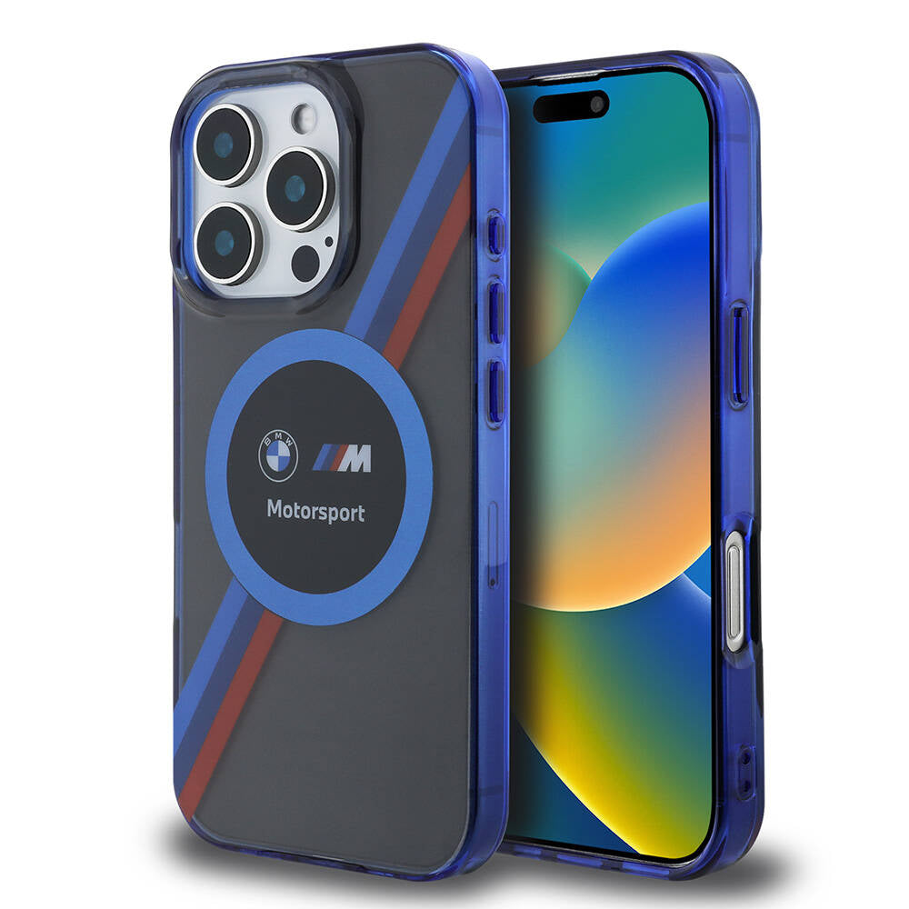 iPhone 16 Pro Uyumlu Kılıf Bmw Lisanslı Magsafe Kablosuz Şarj Özellikli M Logolu Üç Renk Çizgili Motorsport Circle