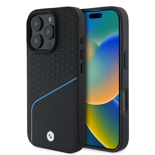 iPhone 16 Pro Uyumlu Kılıf Bmw Lisanslı Magsafe Kablosuz Şarj Özellikli Metal Logolu Dokulu ve Çizgili Deri