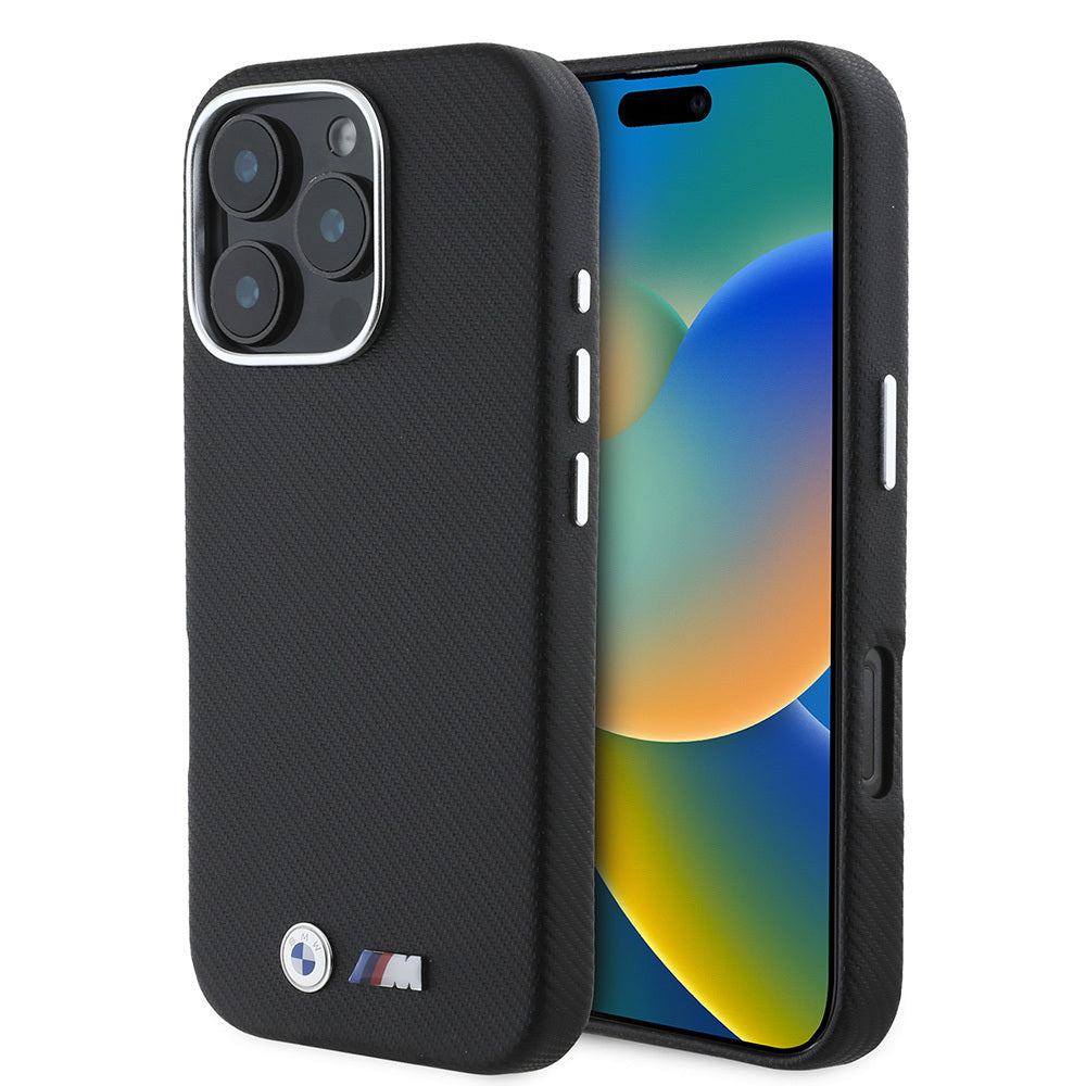 iPhone 16 Pro Kılıf BMW Orjinal Lisanslı Tam Sarılmış Kevlar Tasarımlı Metal Logo Suni Deri