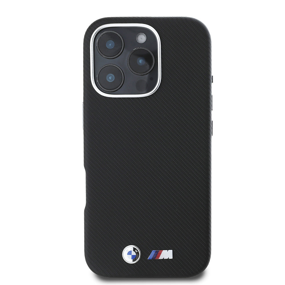 iPhone 16 Pro Kılıf BMW Orjinal Lisanslı Tam Sarılmış Kevlar Tasarımlı Metal Logo Suni Deri