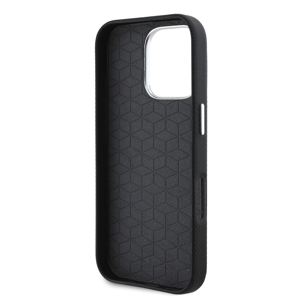 iPhone 16 Pro Kılıf BMW Orjinal Lisanslı Tam Sarılmış Kevlar Tasarımlı Metal Logo Suni Deri