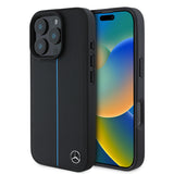 iPhone 16 Pro Uyumlu Kılıf Mercedes Benz Lisanslı Magsafe Kablosuz Şarj Özellikli Metal Yıldız Logo Mavi Çizgili Deri