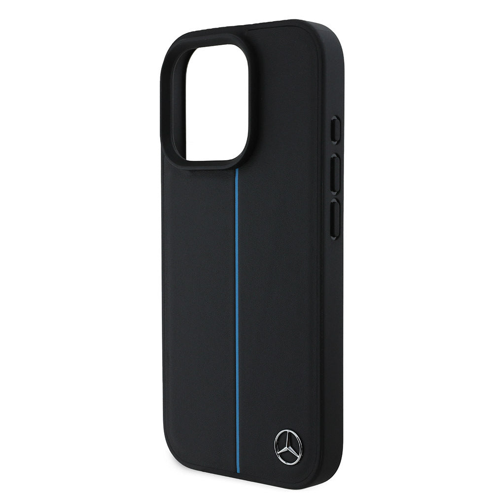 iPhone 16 Pro Uyumlu Kılıf Mercedes Benz Lisanslı Magsafe Kablosuz Şarj Özellikli Metal Yıldız Logo Mavi Çizgili Deri