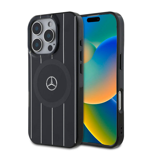 iPhone 16 Pro Max Uyumlu Kılıf Mercedes Benz Lisanslı Magsafe Kablosuz Şarj Özellikli Çift Katmanlı Paralel Çizgi Desen