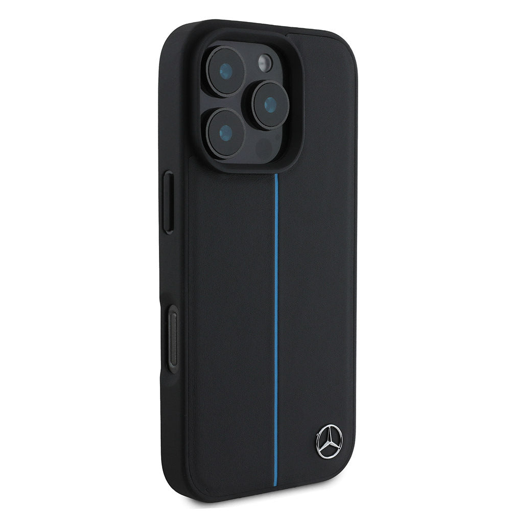 iPhone 16 Pro Max Uyumlu Kılıf Mercedes Benz Lisanslı Magsafe Kablosuz Şarj Özellikli Metal Yıldız Logolu Mavi Çizgili Deri