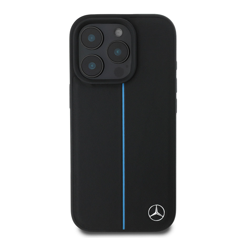 iPhone 16 Pro Max Uyumlu Kılıf Mercedes Benz Lisanslı Magsafe Kablosuz Şarj Özellikli Metal Yıldız Logolu Mavi Çizgili Deri