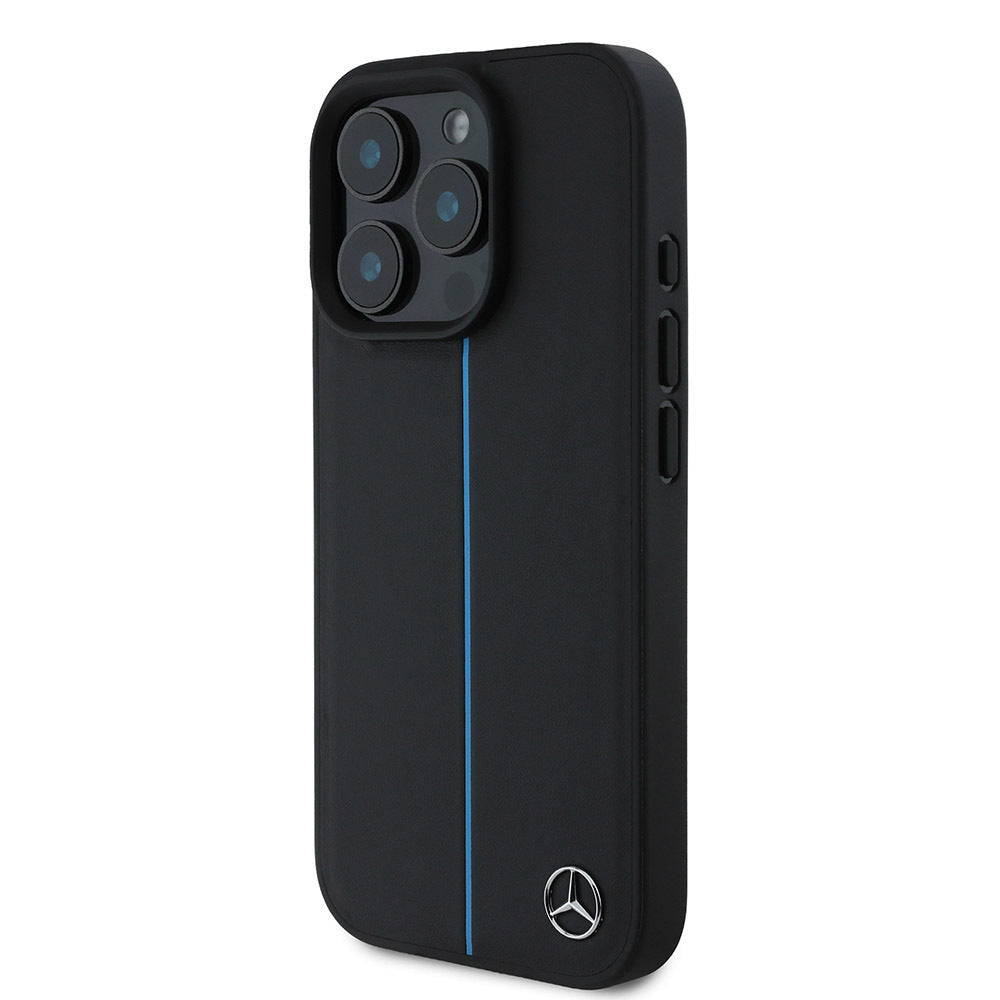 iPhone 16 Pro Max Uyumlu Kılıf Mercedes Benz Lisanslı Magsafe Kablosuz Şarj Özellikli Metal Yıldız Logolu Mavi Çizgili Deri