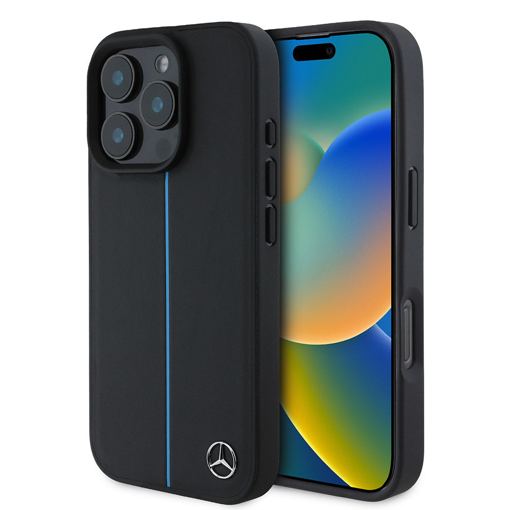 iPhone 16 Pro Max Uyumlu Kılıf Mercedes Benz Lisanslı Magsafe Kablosuz Şarj Özellikli Metal Yıldız Logolu Mavi Çizgili Deri