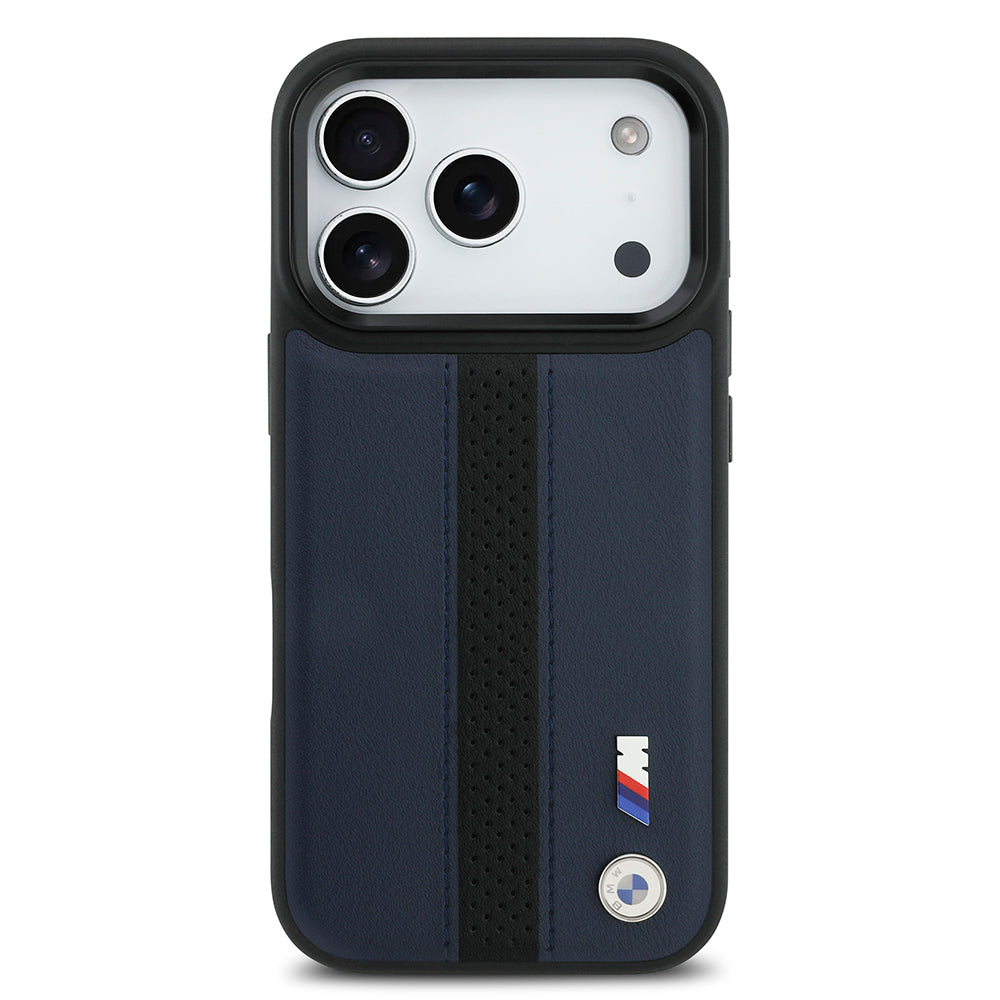 Apple iPhone 17 Pro Kılıf BMW Orjinal Lisanslı M-safe Şarj Özellikli Deri Arka Yüzey Metal Logolu Delikli Şerit Tasarımlı Kapak