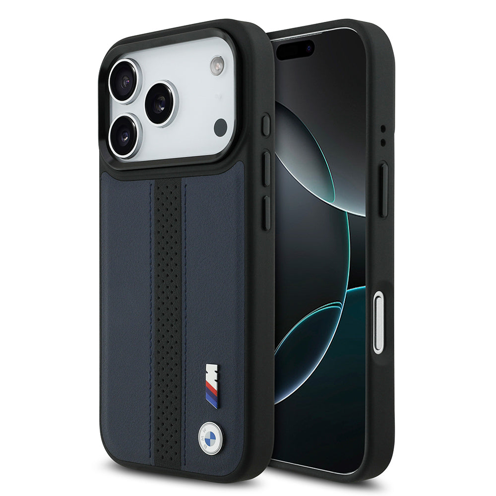 Apple iPhone 17 Pro Kılıf BMW Orjinal Lisanslı M-safe Şarj Özellikli Deri Arka Yüzey Metal Logolu Delikli Şerit Tasarımlı Kapak