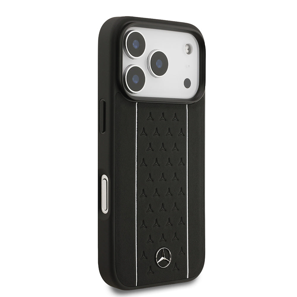 Apple iPhone 17 Pro Kılıf Mercedes Benz Orjinal Lisanslı M-safe Şarj Özellikli Şeritli Yıldız Desenli Metal Logolu Deri Kapak