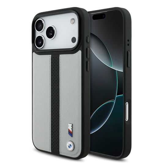 Apple iPhone 17 Pro Max Kılıf BMW Orjinal Lisanslı M-safe Şarj Özellikli Deri Arka Yüzey Metal Logolu Delikli Şerit Tasarımlı Kapak
