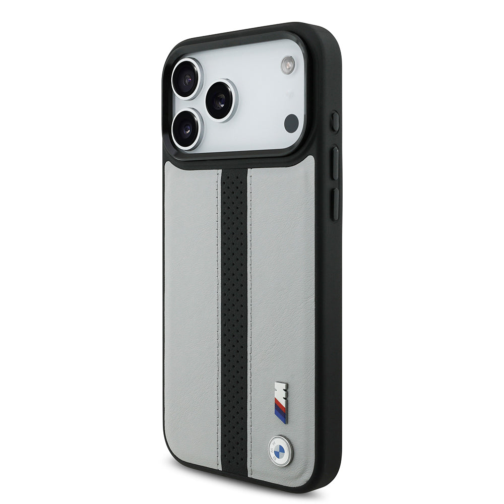 Apple iPhone 17 Pro Max Kılıf BMW Orjinal Lisanslı M-safe Şarj Özellikli Deri Arka Yüzey Metal Logolu Delikli Şerit Tasarımlı Kapak