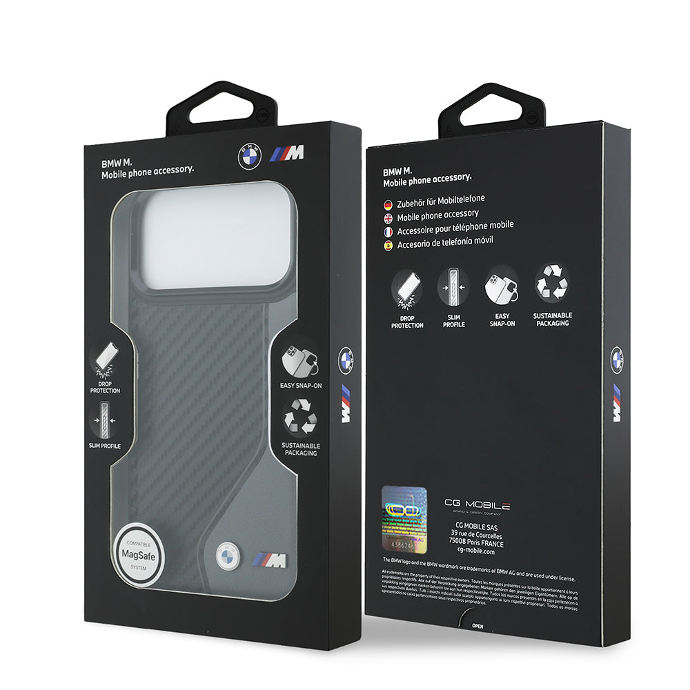 Apple iPhone 17 Pro Max Kılıf BMW Orjinal Lisanslı M-safe Şarj Özellikli Metal BMW ve M Logolu PU Karbon Tasarımlı Kapak