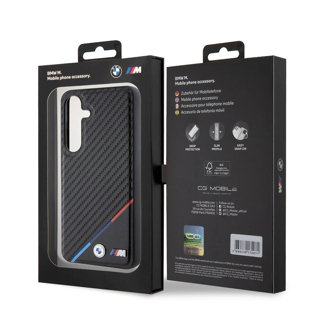 Galaxy S24 Plus Uyumlu Kılıf Bmw Lisanslı Magsafe Kablosuz Şarj Özellikli M Logolu Üç Çizgili Pu Karbon