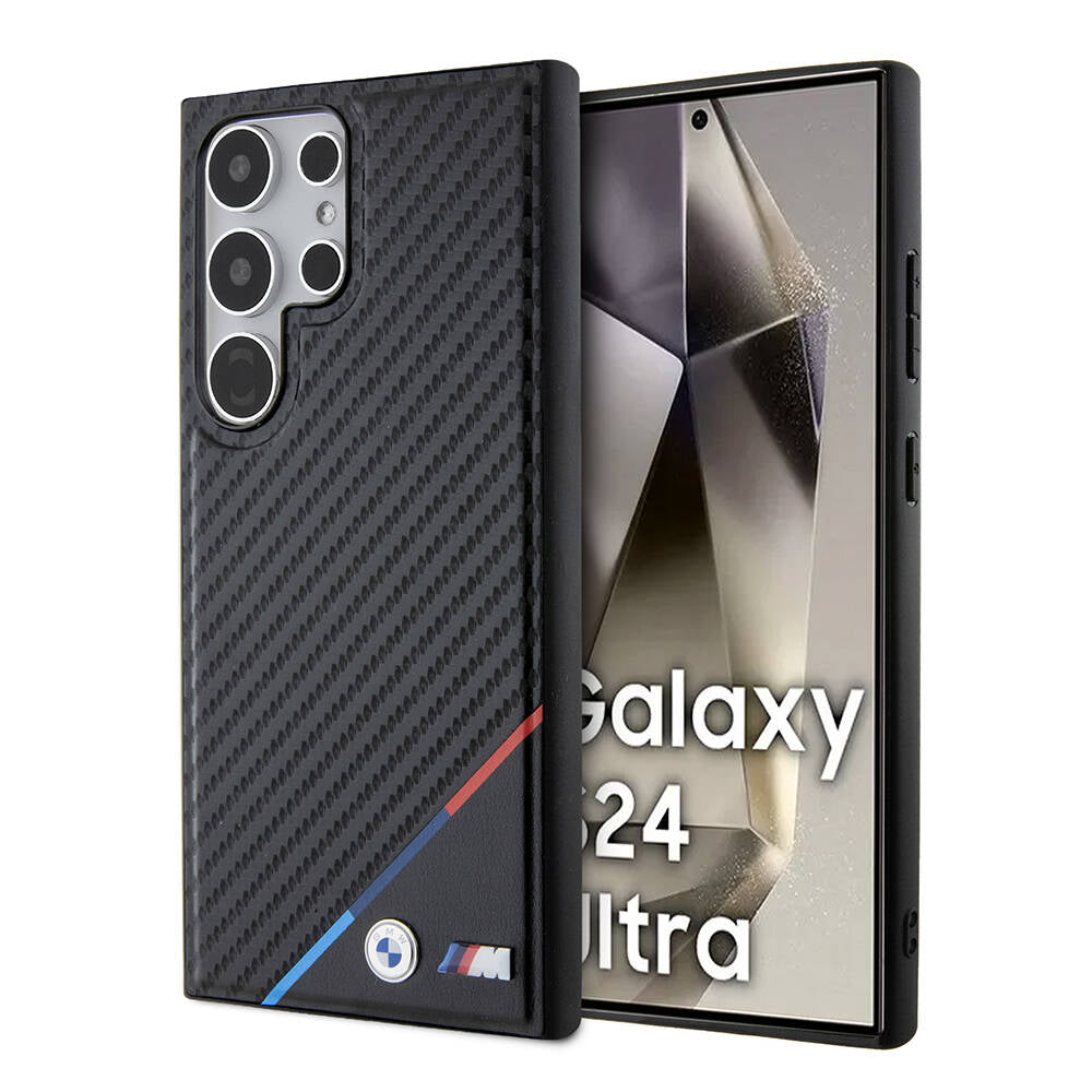 Galaxy S24 Ultra Uyumlu Kılıf Bmw Lisanslı Magsafe Kablosuz Şarj Özellikli M Logolu Üç Çizgili Pu Karbon