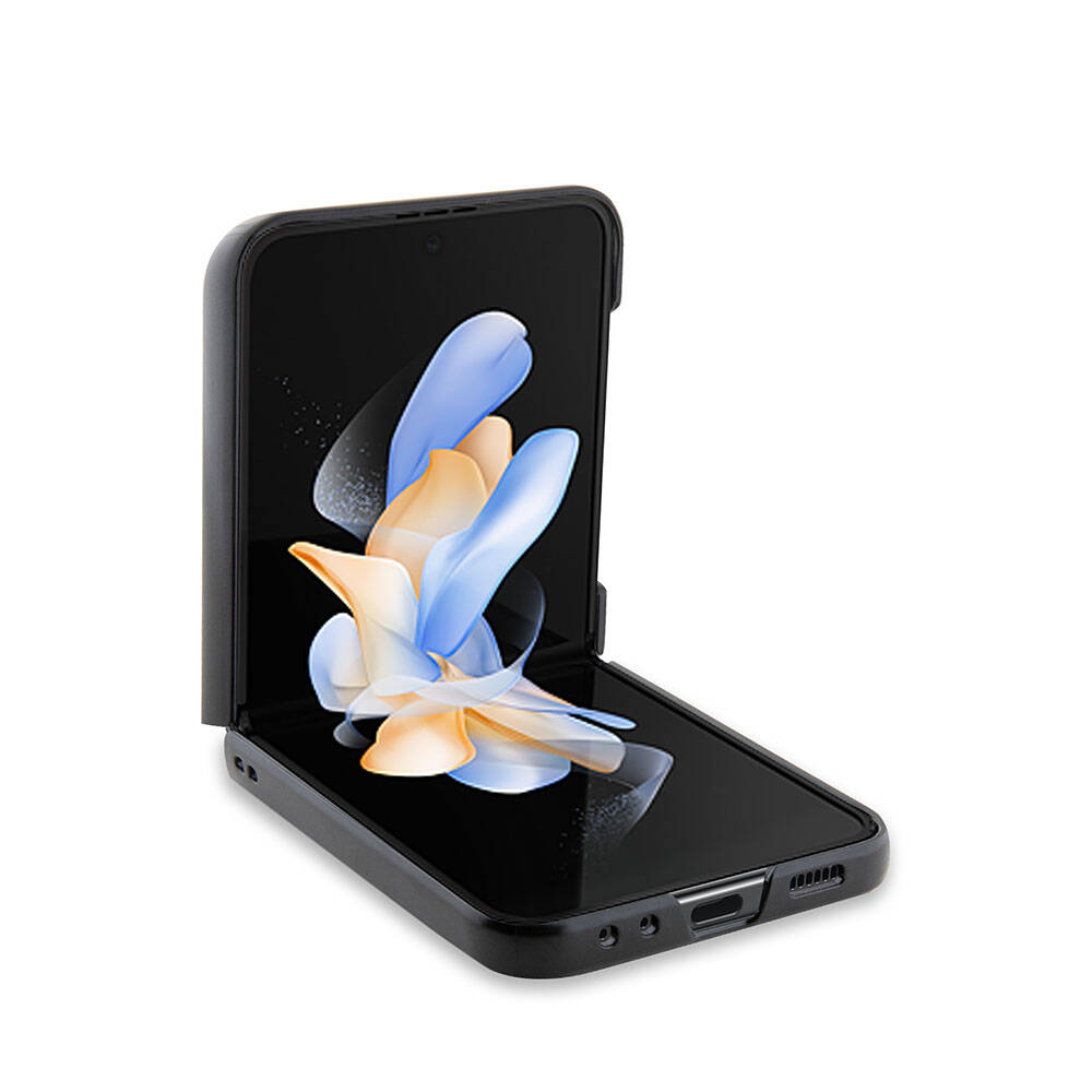Galaxy Z Flip5 Uyumlu Kılıf Lisanslı PU Deri Metal Logolu Multi Çizgili