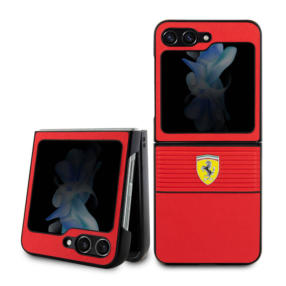 Galaxy Z Flip5 Uyumlu Kılıf Lisanslı PU Deri Metal Logolu Multi Çizgili