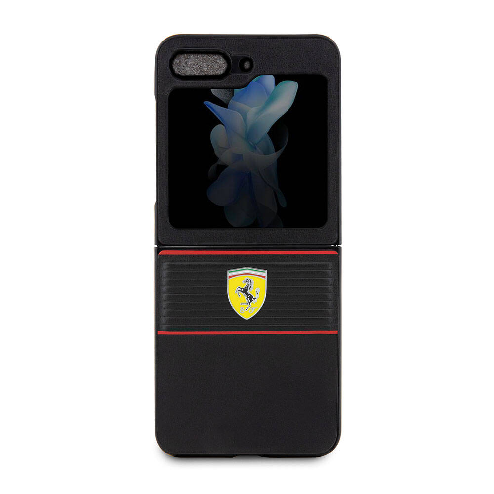 Galaxy Z Flip5 Uyumlu Kılıf Lisanslı PU Deri Metal Logolu Multi Çizgili