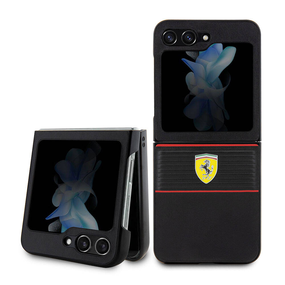 Galaxy Z Flip5 Uyumlu Kılıf Lisanslı PU Deri Metal Logolu Multi Çizgili