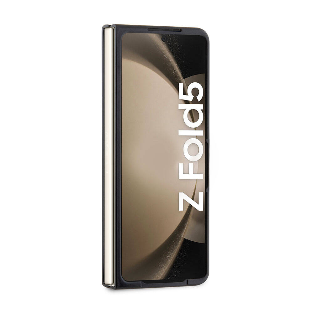 Galaxy Z Fold5 Uyumlu Kılıf Lisanslı PU Deri Metal Logolu Multi Çizgili