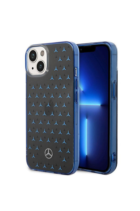 Mercedes Benz iPhone 14 Uyumlu Kılıf Mercedes Benz Çift Katmanlı Yıldız Desenli Dizayn Kapak Siyah - Mavi