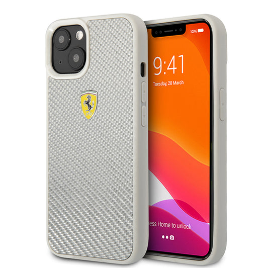 iPhone 13 Kılıf Ferrari Lisanlı Klasik Metal Logolu Karbon Dizayn