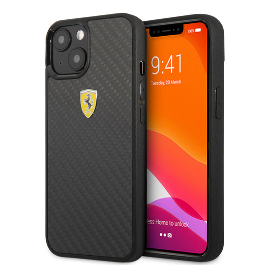 iPhone 13 Mini Kılıf Ferrari Lisanlı Klasik Metal Logolu Karbon Dizayn