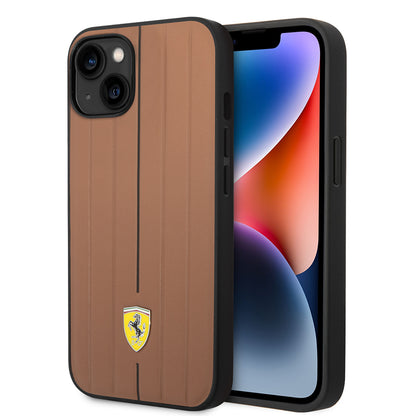 iPhone 14 Kılıf Ferrari Lisanslı Deri Arka Yüzey Metal Logolu Şerit Tasarımlı