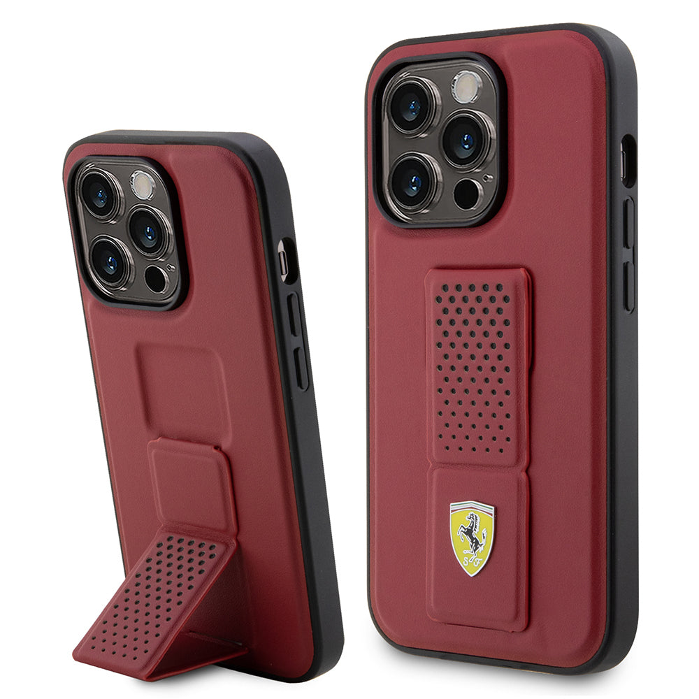 iPhone 14 Pro Max Kılıf Ferrari Lisanlı Klasik Metal Logolu Delikli Standlı Deri