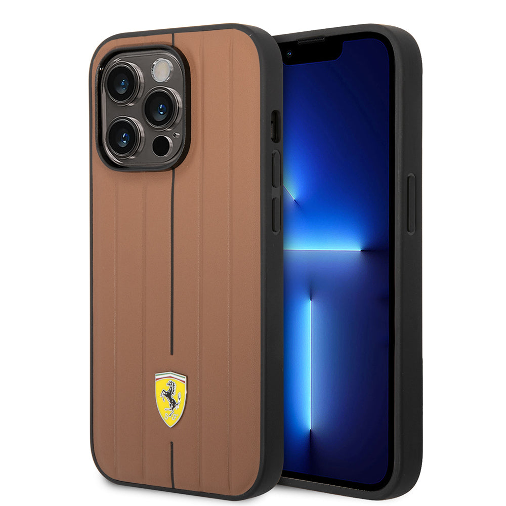 iPhone 14 Pro Max Kılıf Ferrari Lisanslı Deri Arka Yüzey Metal Logolu Şerit Tasarımlı