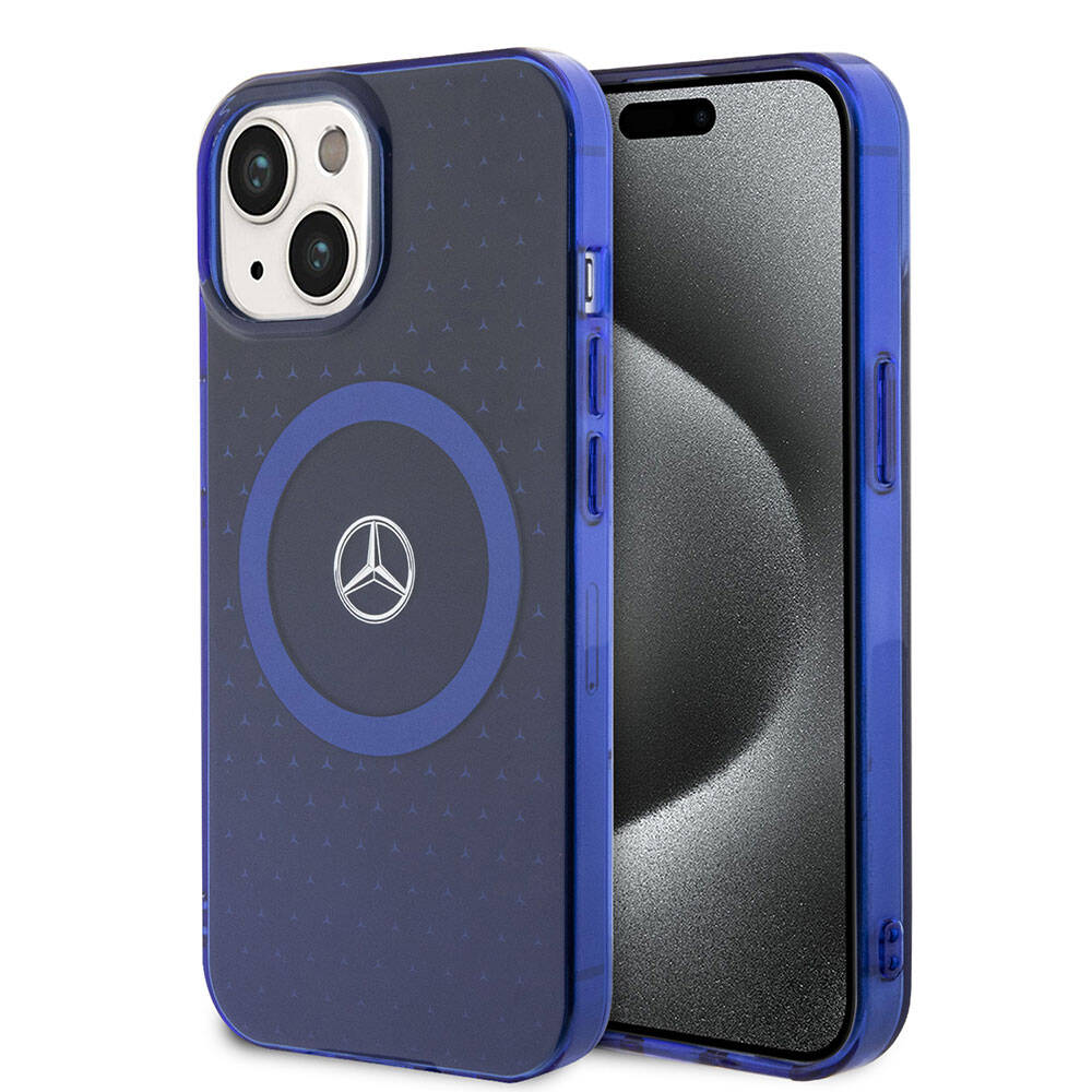 iPhone 15 Uyumlu Kılıf Mercedes Benz Lisanslı Magsafe Kablosuz Şarj Özellikli Çift Katmanlı Mavi Yıldız Desenli