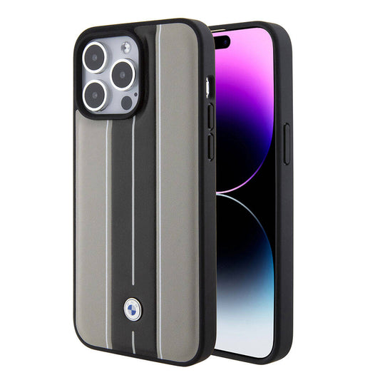 iPhone 15 Pro Max Uyumlu Kılıf Bmw Lisanslı Deri Arka Yüzey Metal Logolu Çift Şerit Tasarımlı