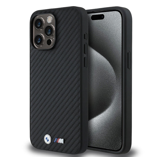 Apple iPhone 15 Pro Max Kılıf BMW Orjinal Lisanslı Karbon Fiber Tasarımlı ve Metal Logolu PU Deri Kapak