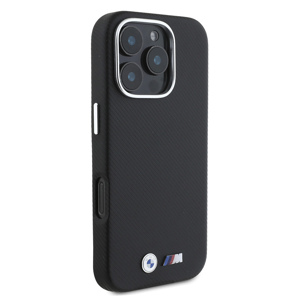 iPhone 16 Pro Kılıf BMW Orjinal Lisanslı Tam Sarılmış Kevlar Tasarımlı Metal Logo Suni Deri
