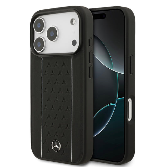 Apple iPhone 17 Pro Kılıf Mercedes Benz Orjinal Lisanslı M-safe Şarj Özellikli Şeritli Yıldız Desenli Metal Logolu Deri Kapak